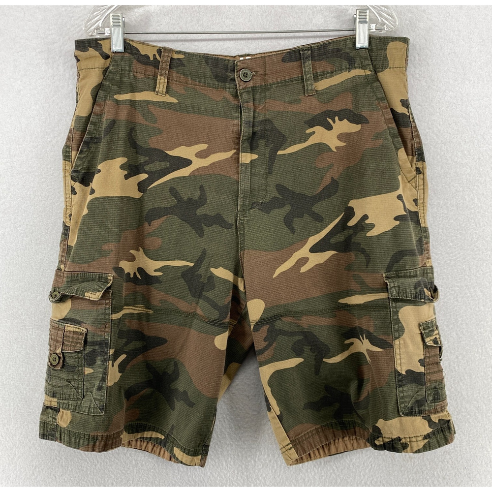 MONUMENT Shorts Mens 38 Canvas Camo Cargo 11" Walking Hiking Camp Cotton Green